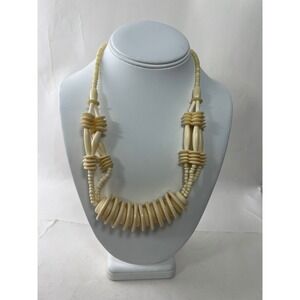 Vintage Hand Carved Statement Necklace Cream Ivory Geometric Beaded Barrel Clasp